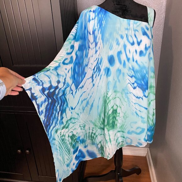 Dennis Basso Blouse Size 18W One Shoulder Asymmetrical Top Blue Green Flowy Chic - Picture 3 of 11
